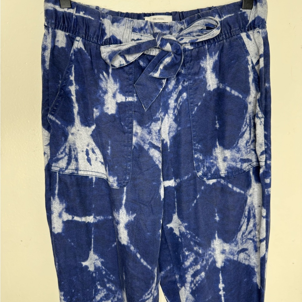 Nicole Miller women's S tie-dye blue elastic waist tie front jogger pants boho - Picture 2 of 5